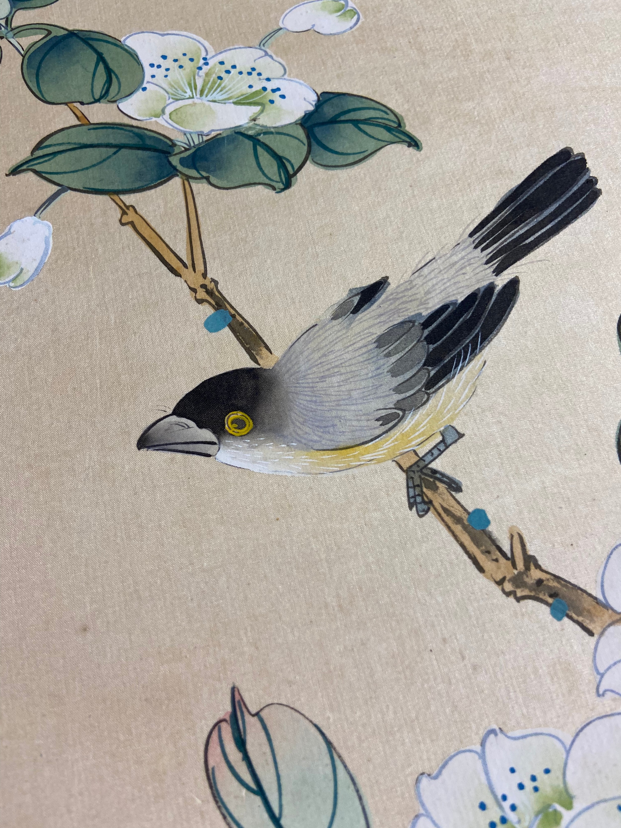 A Lot of three Chinese/ Japanese paintings on silk and tapestry. - Image 6 of 6