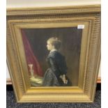 A 19th century coloured print of a lady in thought. Fitted within an ornate gilt frame. [Frame