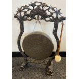 Antique Chinese wood carved and bronze gong with beater. [79x46cm]