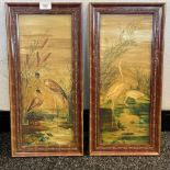 A Pair of antique paintings on glass depicting herons and flamingos. Signed MW. [Frame 53x25cm]