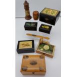A Collection of various Mauchline ware items to include lighthouse bank, various trinket boxes, page