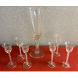 A Set of 6 twist stem free blown sherry glasses, etched with grape vines, Together with a large