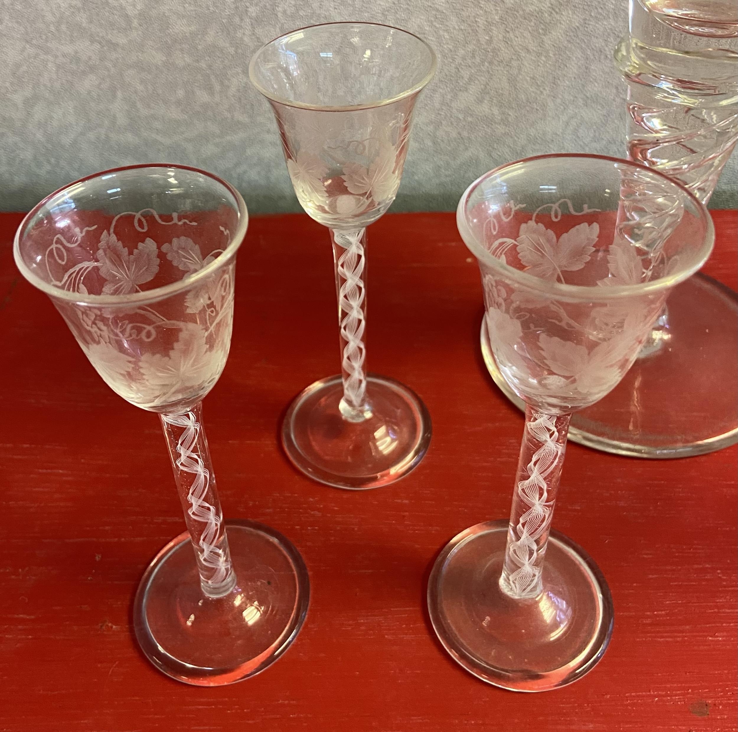 A Set of 6 twist stem free blown sherry glasses, etched with grape vines, Together with a large - Image 3 of 5