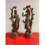 A Pair of 19th century bronzed spelter lady figures sat upon marble bases, after Hip. Moreau. [