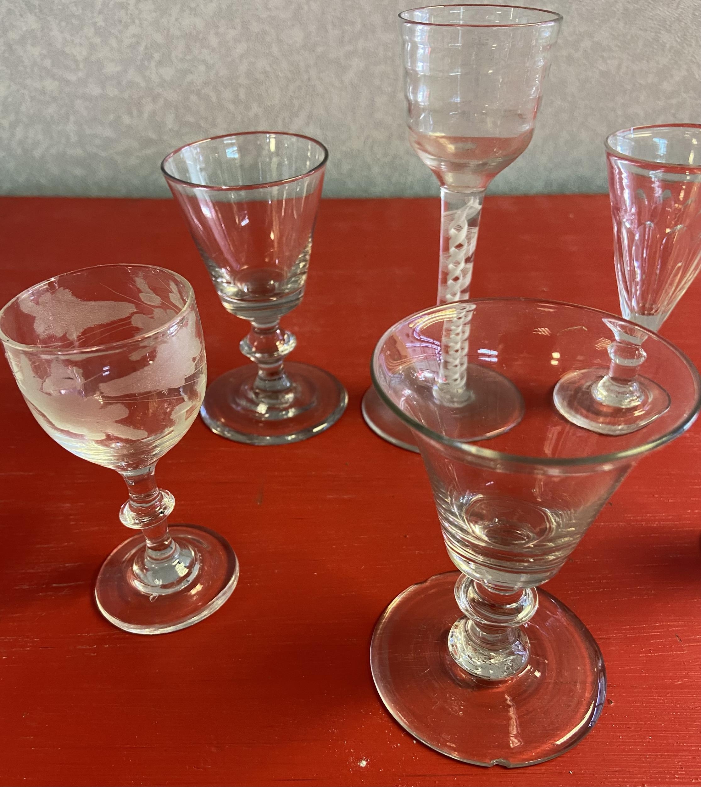 A Lot of 6 various free blown antique sherry glasses. Includes twist stem tall glass with large - Image 3 of 5