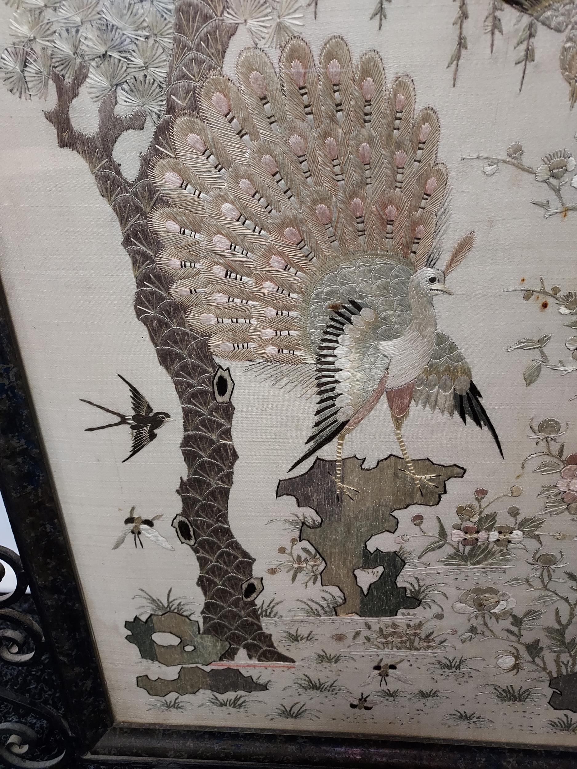 An 19th century Chinese/ Japanese silk tapestry depicting various bird flying and perched. Signed by - Image 3 of 6