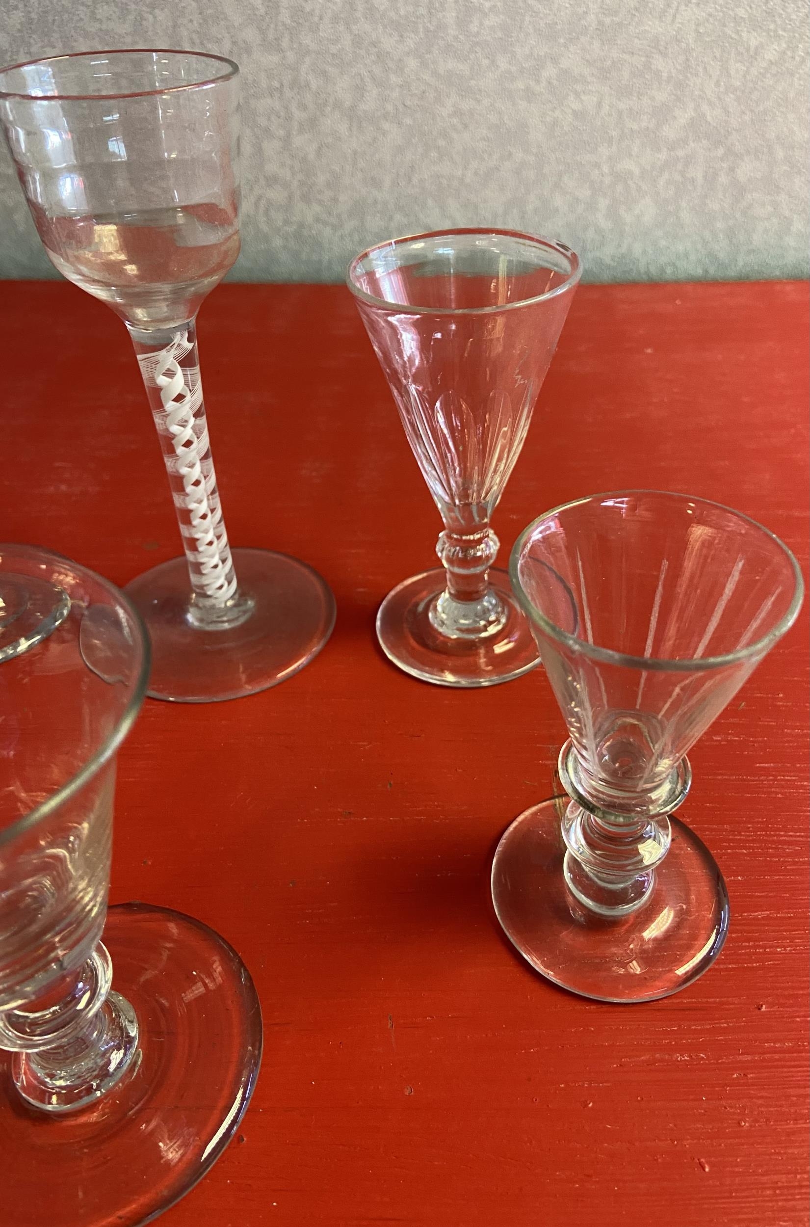 A Lot of 6 various free blown antique sherry glasses. Includes twist stem tall glass with large - Image 2 of 5