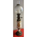 An Antique porcelain, metal and glass shade paraffin lamp converted to electric. [72cm in height]