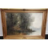 A Large oil painting on canvas depicting various figures fishing and by the fire. Signed A