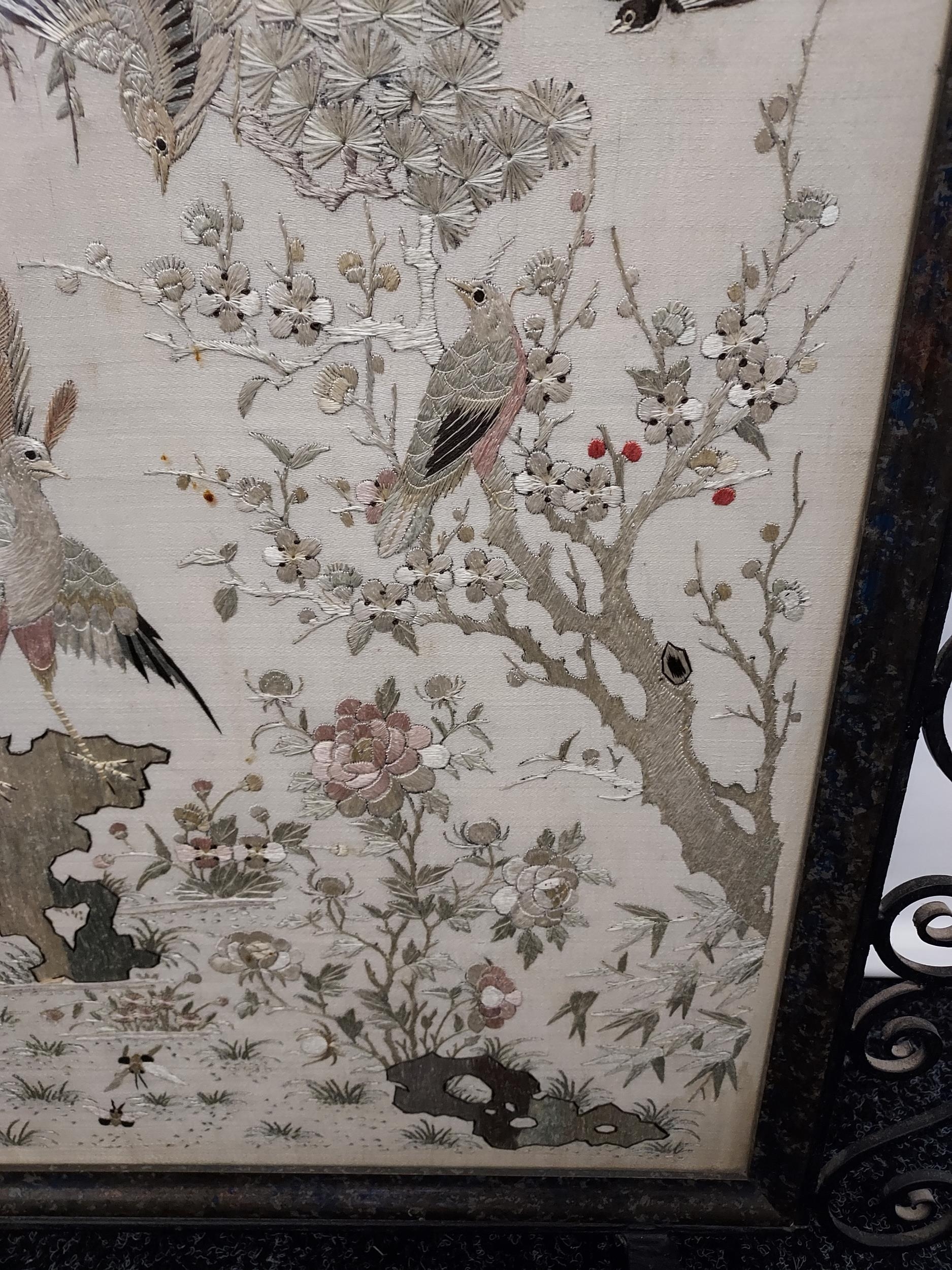 An 19th century Chinese/ Japanese silk tapestry depicting various bird flying and perched. Signed by - Image 4 of 6