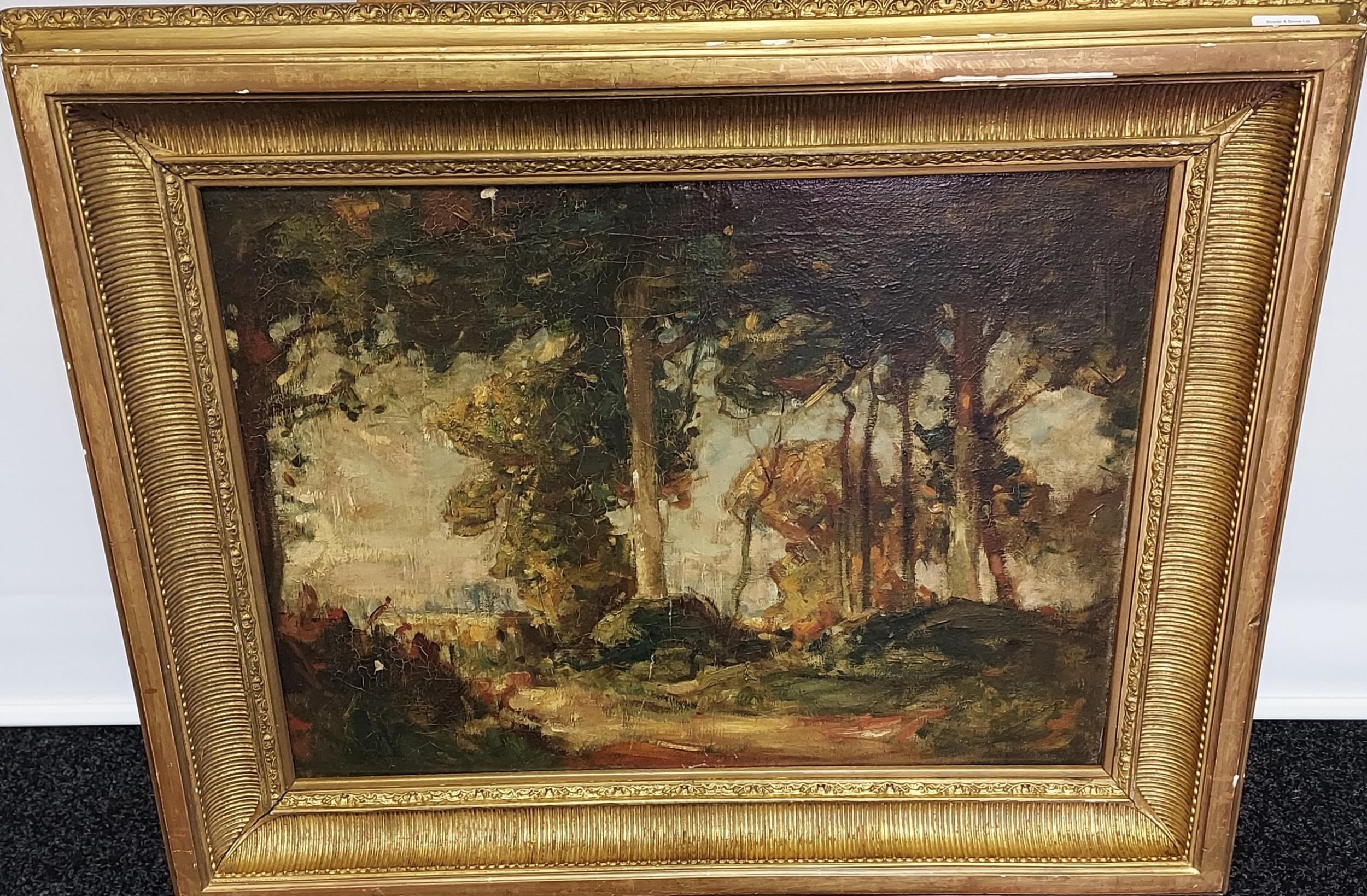 A 19th century Oil painting on canvas depicting woodland scene. Fitted within an ornate gilt