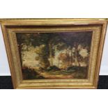 A 19th century Oil painting on canvas depicting woodland scene. Fitted within an ornate gilt