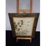 A Large 18th/ 19th century Chinese/ Japanese silk painting depicting cranes surrounded by tree and