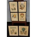 A Collection of six coloured engravings depicting hot air balloons throughout the ages.