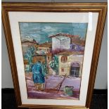 An Original Oil on canvas depicting figure walking into town. Signed Romeo Cingolani.