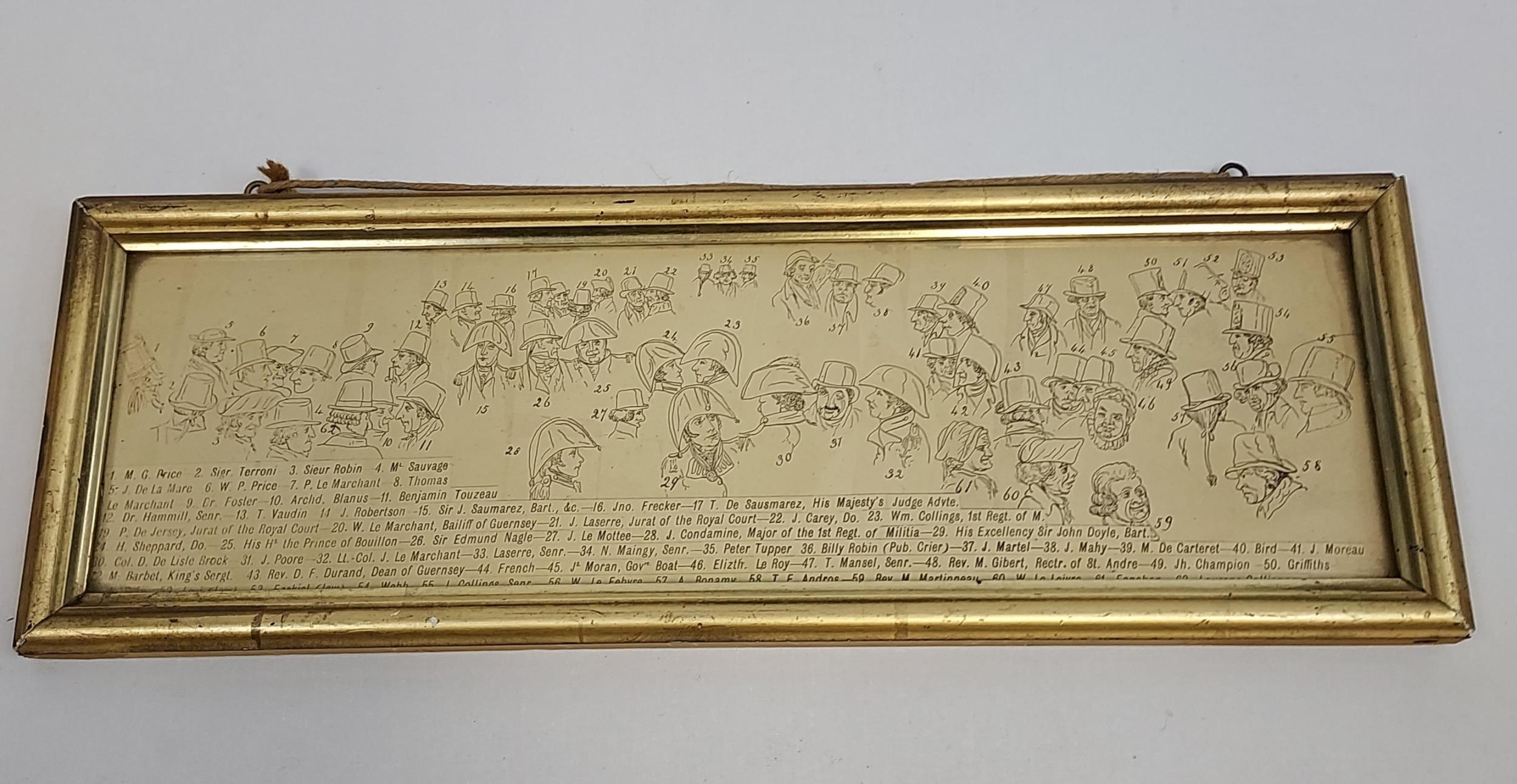 Antique print depicting various characters with key to people showed within the print. [14x42cm]
