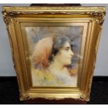 An original watercolour portrait titled 'Fiamella' by Forbinza Naples. Fitted within an ornate