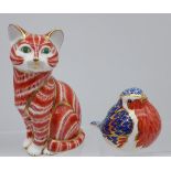 A Royal Crown Derby cat figurine together with RCD Robin- [Robin as found]