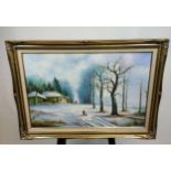 Robert Young Original oil painting on canvas depicting snow landscape. Fitted within a gilt