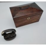 A Victorian two section tea caddy together with a cast iron desk paperweight.