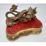 Antique Chinese Qing heavy bronze dragon sculpture. Comes with gilt moulded base. [Dragon measures