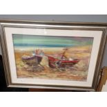 An Original oil painting on canvas depicting docked boats on the beach. Signed Romeo Cingolani.