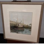 An original watercolour depicting a fishing boat docked within a harbour. [Unsigned]