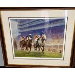 A Limited edition [64/350] horse racing print, signed in pencil by the artist. [Frame 70x79cm]