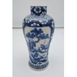 An Early 1900's Chinese Kangxi Nian Zhi blue and white painted vase. Panels depicting various farmer