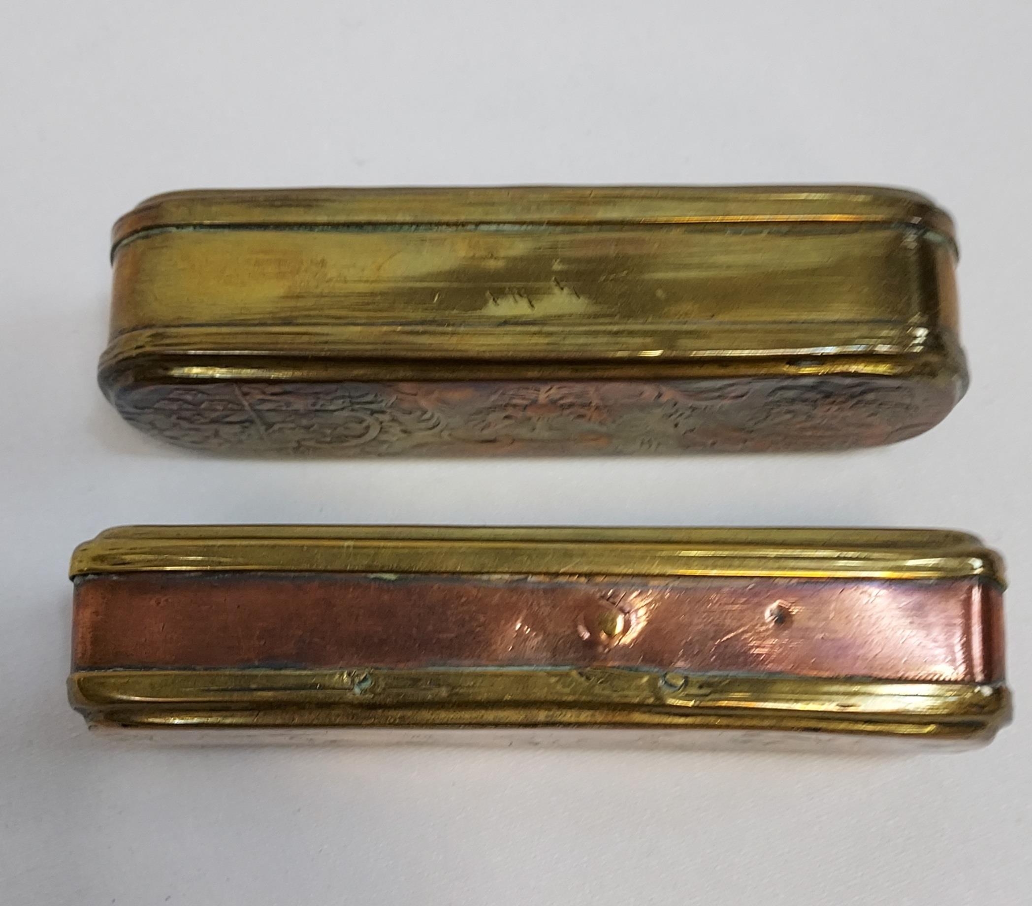 Two 19th century Brass and copper ornate lidded boxes. Possibly for snuff. - Image 2 of 4