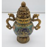 A Chinese Ming Dynasty Bronze and Cloisonné incense burning pot with lid. Designed with ornate