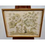Antique Crewel work embroidery picture, faded. [Frame 48x60cm]