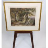 A Large unsigned watercolour depicting woodland area with hunts men and their dogs. [60x71cm]