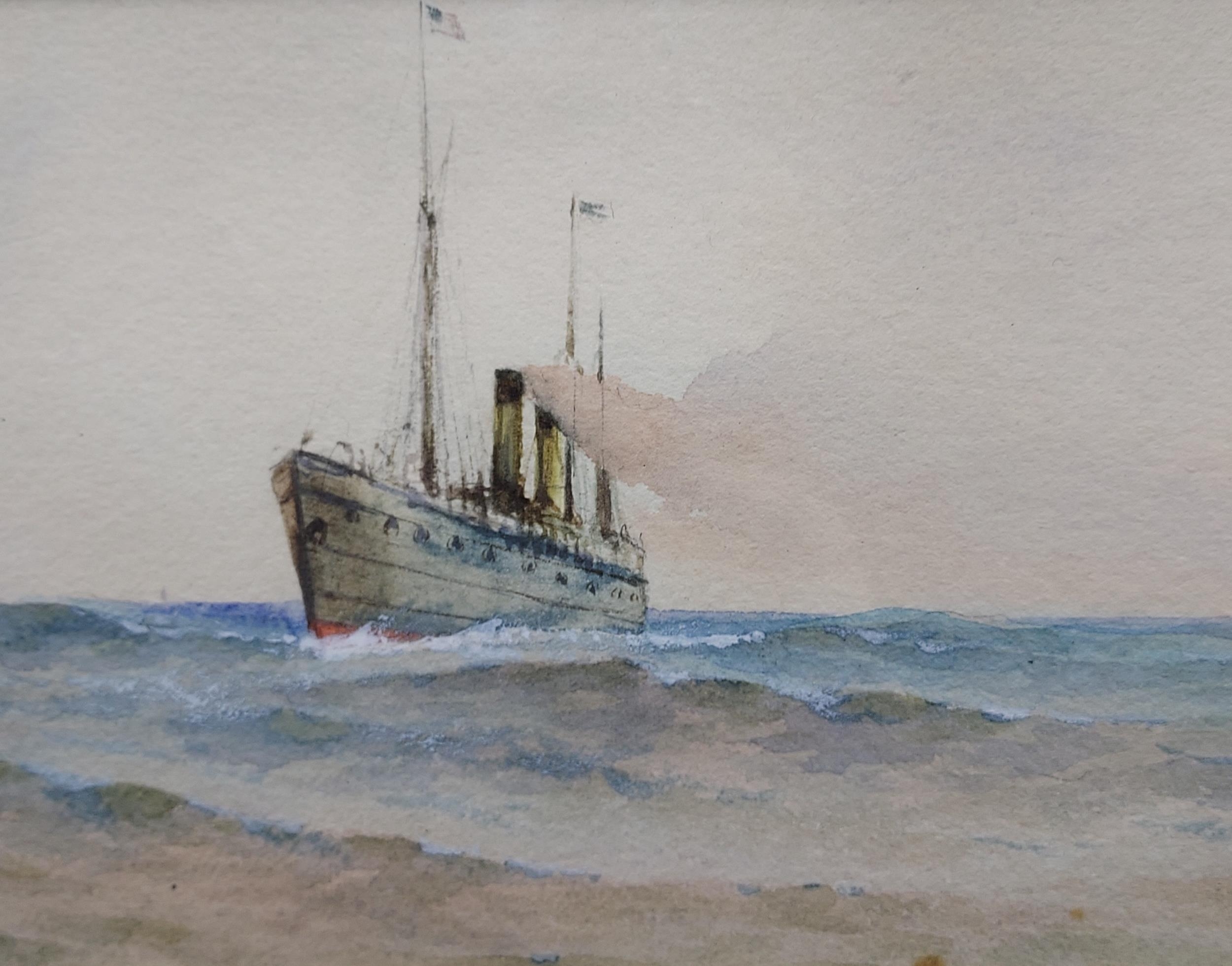 Garmin Morris [G.M] Original watercolour depicting steam ship. [40x63cm] - Image 3 of 4