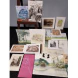 An Artists portfolio case containing a large collection of various watercolours and prints.