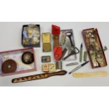 A Box of collectable odds to include Chinese wooden compass, fruit knives, bottle openers, buttons