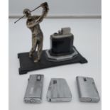 Early 20th Century ?Ronson? Golfer desktop lighter on a metal base standing on small bracket feet.