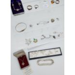 A Collection of silver jewellery to include Rings, Brooches, bracelets and pearl necklace.