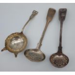 Birmingham silver tea strainer, Victorian London ladle with pierced scoop area and a plated ladle [