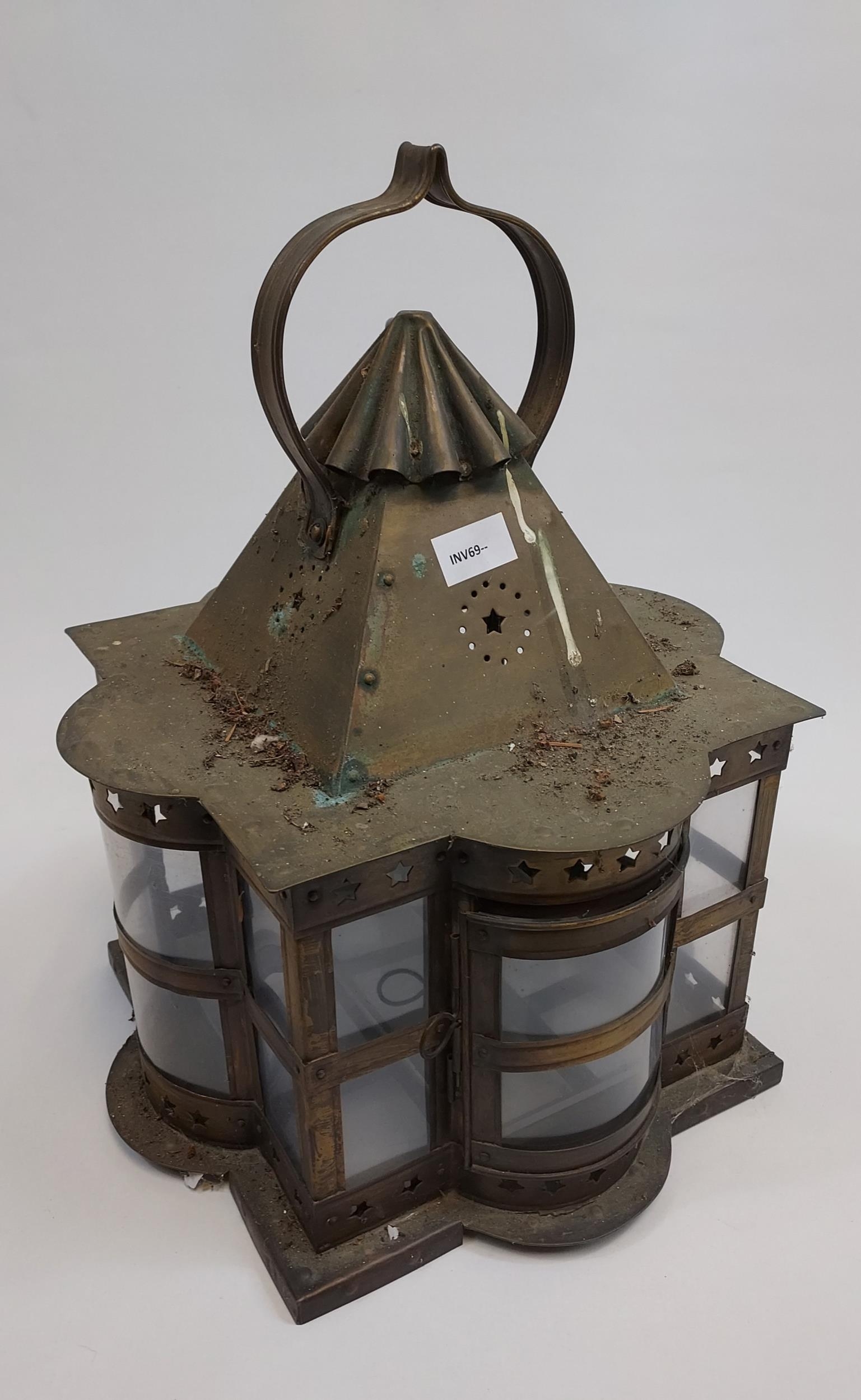 An antique Turkish style hanging lantern. Of square form with projecting demi lune sections,