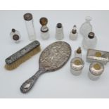 A Selection of Silver and plated dressing table bottles and hand mirror etc