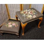 Antique lightwood stool, padded rectangular seat covered in a tapestry upholstery with braided