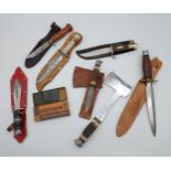A Selection of hunting knives and axe produced by Solingen, Original Bowie Knife & Bushman's Friend.