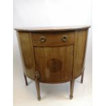 Antique Mahogany Demi Lune bow front cabinet with centre drawer above a single door with centre