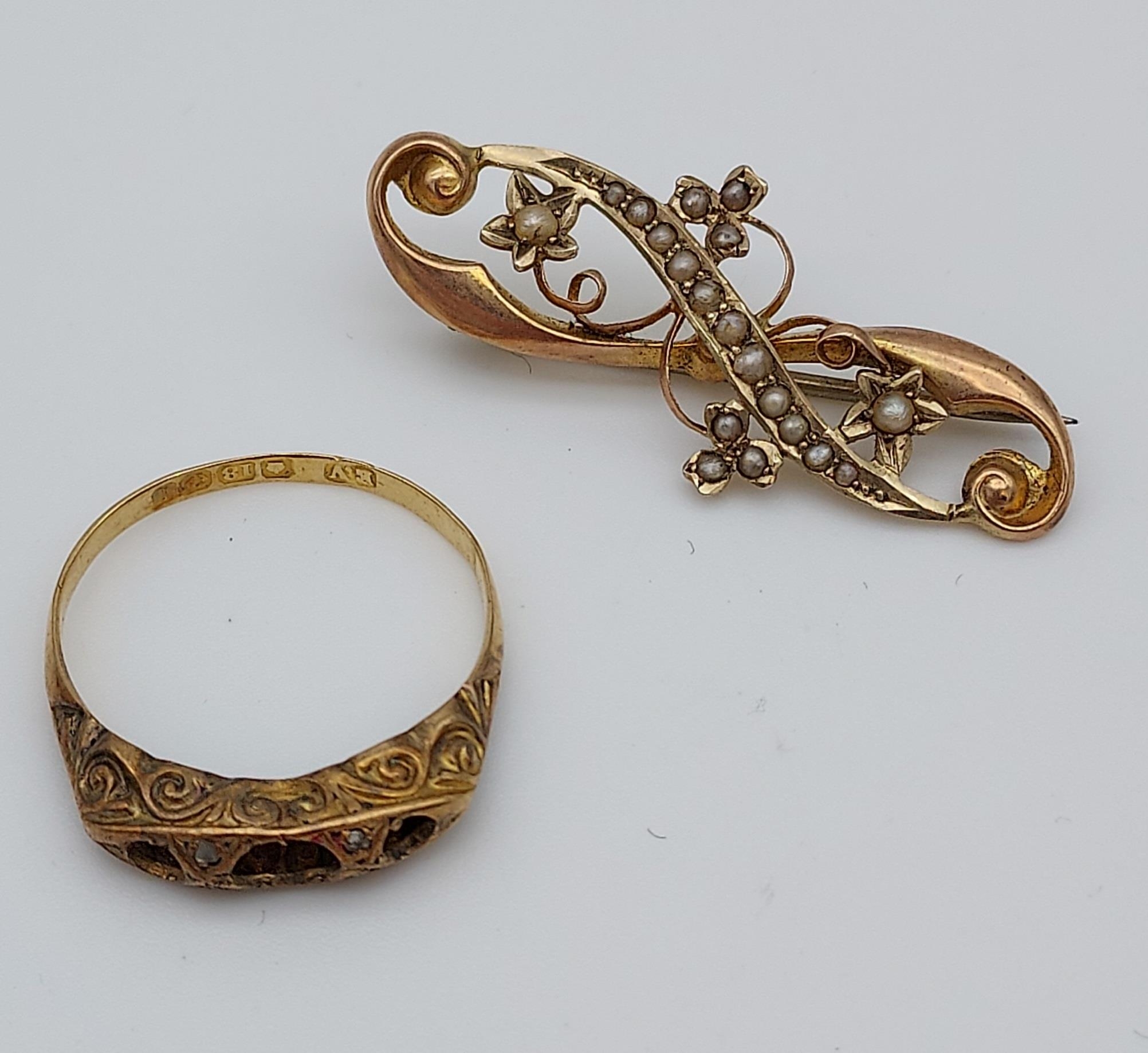 18CT Gold scrap ring [1.62grams], together with a 9ct gold and seed pearl brooch [missing clasp] [