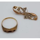 18CT Gold scrap ring [1.62grams], together with a 9ct gold and seed pearl brooch [missing clasp] [