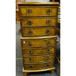 Burr-walnut chest on chest, three shorter drawers above four longer drawers detailed with swing