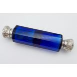 Antique blue glass double ended scent bottle with white metal lids. [11cm in length]