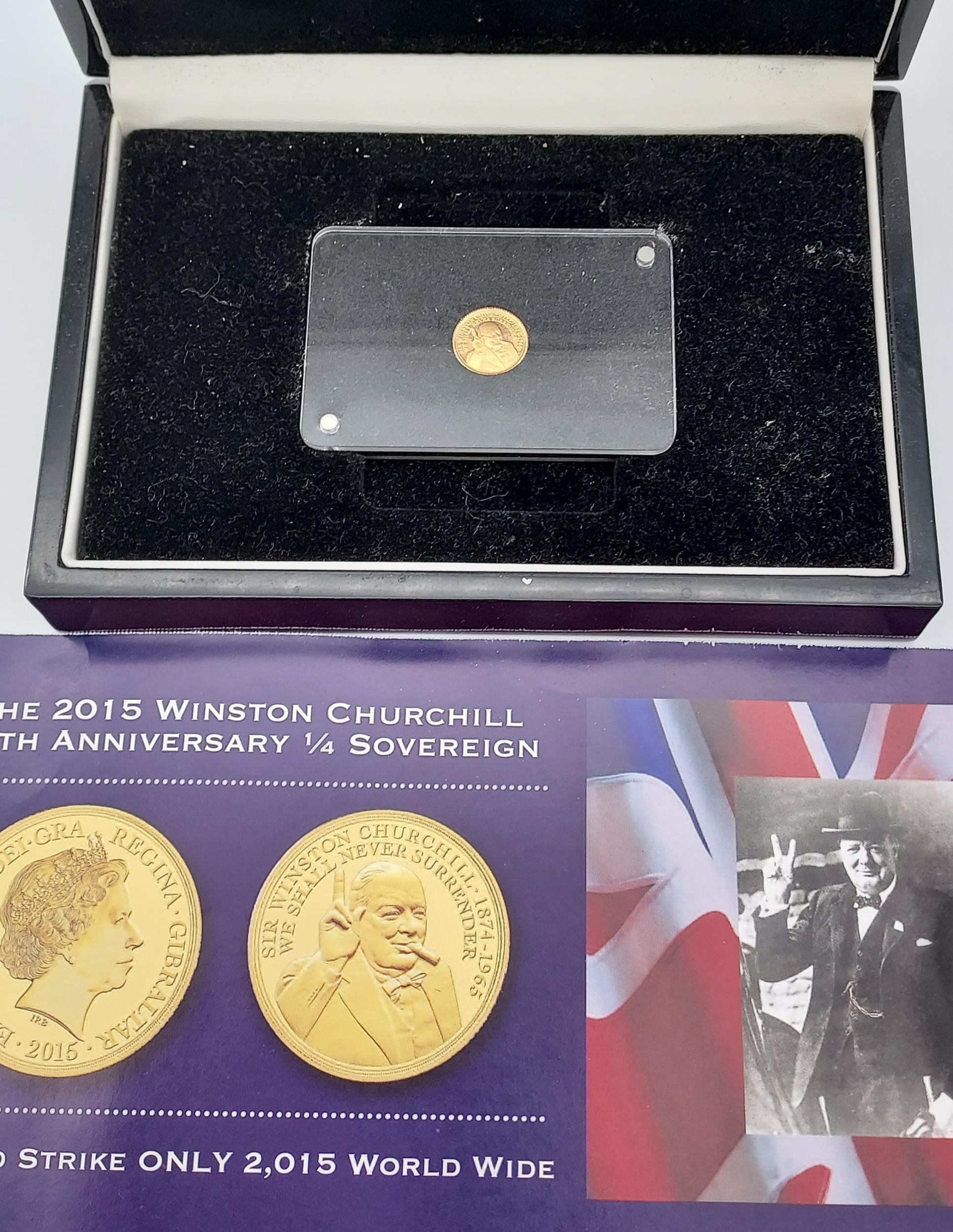 A 2015 Winston Churchill 50th anniversary quarter sovereign. Comes with presentation box.
