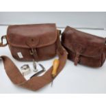 Two Antique game satchel bags. Both in brown leather, One produced by Brady. Together with a Hardy